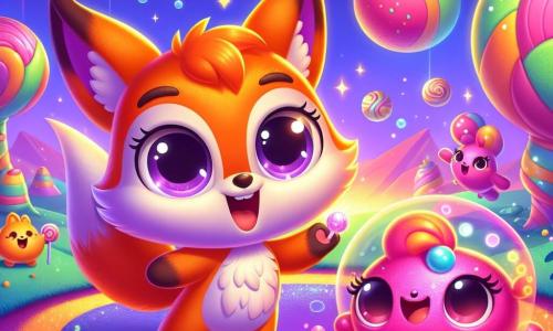Flick, a small bright orange fox with a fluffy tail, stands on a colorful planet, his eyes wide with joy and wonder. He is surrounded by candy-like creatures with round shapes and vibrant colors, laughing and jumping around him, creating a cheerful atmosphere. Bubbles, a pink fluffy creature with large bulging eyes, is next to Flick, smiling and full of energy, offering him a sparkling candy. The setting is a fantastical landscape with bouncy ground and trees bearing shiny fruits, illuminated by soft, colorful light, while twinkling stars dance in the purple sky. The scene depicts Flick playing with his new friends, laughing and jumping joyfully, illustrating the spirit of adventure and friendship on this magical planet.