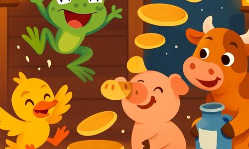 Freddie, a small green frog with sparkling eyes and a mischievous smile, happily jumps on a pile of fluffy pancakes, laughter on his face. Next to him, Daisy, a playful duck with yellow feathers and a smiling beak, glides on a pancake, her wings spread, ready to have fun. Bertie, a big pink pig with round cheeks and an amused look, tries to balance a pancake on his nose, while Carla, a red cow with white spots, stands nearby holding a jar of milk with a big smile. The scene takes place in a rustic barn with wooden beams and softly glowing lanterns illuminating the joyful faces of the animals. Stacked pancakes and splashes of flour are scattered around them, creating a festive atmosphere. The friends are having fun together in a hilarious pancake race, laughing and playing under the soft moonlight.