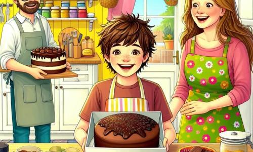 Un niño de 10 años, Lucas, con cabello castaño desordenado y una sonrisa brillante, se encuentra en el centro de la cocina, rodeado de cuencos coloridos e ingredientes esparcidos. A su derecha, su mamá, una mujer de unos treinta años con cabello largo y castaño, lo observa con una mirada alentadora, vistiendo un delantal con estampado de flores. A la izquierda, su papá, un hombre alto con una barba ligera y gafas, entra en la cocina, con los ojos abiertos de sorpresa al ver la mesa llena de pasteles. La cocina es luminosa y acogedora, con paredes pintadas de amarillo pastel, estanterías llenas de tarros de especias coloridos y una ventana abierta que deja entrar la luz del sol, iluminando los pasteles dorados en la mesa. La situación principal muestra a Lucas, orgulloso y entusiasta, presentando una caja de pasteles de chocolate recién horneados a su papá, que se acerca con una gran sonrisa, listo para degustar la sorpresa de su hijo por el Día del Padre.