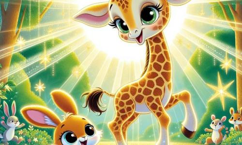 Gemma, the little giraffe, has a long elegant neck and golden spots on her coat. She has large curious eyes that shine with excitement as she holds a sparkling golden leaf between her paws. She joyfully dances in the middle of the scene, surrounded by shining stars. Benny, the small rabbit with big ears, is next to her, hopping with a radiant smile. He has soft brown fur, and his eyes sparkle with joy as he looks at Gemma with admiration. The setting is a sunny forest filled with green trees with lush leaves and colorful flowers dancing in the wind. The ground is covered with soft grass and small shiny stones, creating a magical atmosphere. The main scene shows Gemma and Benny celebrating the appearance of stars during the day, surrounded by their animal friends who dance and have fun, filling the scene with happiness and magic.