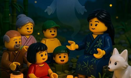 Hanako, mulher sentada à beira de um pequeno lago ao crepúsculo, rosto sereno e benevolente, cabelo preto preso, kimono azul índigo com motivos de bambu, mãos abertas como se contasse uma história; uma raposa branca de pelo lustroso e olhos cor de pérola, agachada à direita de Hanako, olhar malicioso e protetor; uma sombra transformada, silhueta suave semi-transparente cinza-azulada flutuando entre Hanako e as crianças; uma menina de ~7 anos, cabelo curto preto, vestido vermelho, sentada à frente de Hanako com olhos maravilhados; um menino de ~6 anos, boné verde e camiseta amarela, sentado ao lado da menina, boca entreaberta de espanto; um velho de ~70 anos com kimono marrom e barba grisalha curta, sentado numa pedra à esquerda do grupo, sorrindo; uma senhora de ~68 anos com coque e kimono em tons pastéis, sentada ao lado do velho segurando uma lanterna de papel; local: clareira num vale com lago calmo refletindo lanternas de papel rosas e amarelas, bambuzais, trilha de pedras com musgo, montanhas azuis ao fundo e vagalumes como pequenas luzes; cena: Hanako conta uma lenda no centro de um círculo de aldeões feitos de tijolos LEGO, lanternas acesas ao redor, raposa e sombra escutam; atmosfera suave, calor das lanternas contrastando com os tons frios do crepúsculo, ligeiramente mágica.