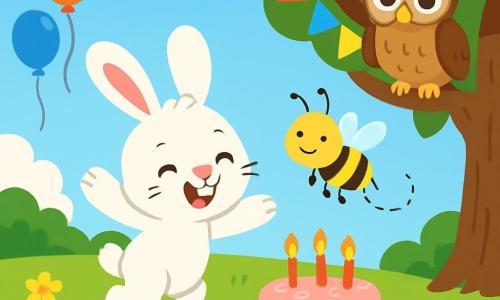 Ein kleiner Hase namens Hoppel mit einem flauschigen weißen Fell und großen neugierigen Ohren hüpft fröhlich über eine große grüne Wiese, sein Gesicht strahlt vor Glück. Neben ihm fliegt eine kleine gelb-schwarze Biene namens Buzzy mit einem strahlenden Lächeln um Hoppel herum und tanzt, während ihre Flügel in der Sonne funkeln. Weiter entfernt sitzt eine weise Eule namens Ella mit braunen Federn und runden, schelmischen Augen auf einem Ast und beobachtet die Szene amüsiert. Der Ort ist eine weite Wiese mit bunten Blumen, auf der bunte Ballons in der Luft schweben, und ein großer schattiger Baum steht in der Mitte, geschmückt mit festlichen Girlanden. Die Hauptsituation zeigt Hoppel, umgeben von seinen Freunden, die seinen Geburtstag mit einer köstlichen Torte und Kerzen feiern, während sie alle zusammen unter dem strahlend blauen Himmel lachen und Spaß haben.