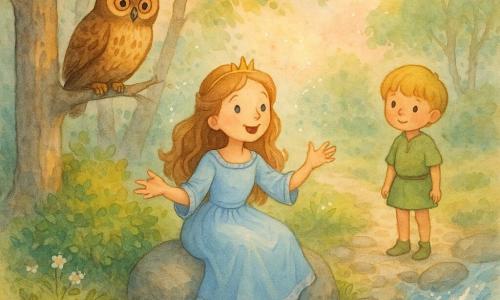 Una principessa sorridente e meravigliata con capelli castano chiaro lunghi e ondulati, veste azzurro chiaro leggera con bordo argentato, seduta su una grossa pietra liscia tra un boschetto e un ruscello, mani aperte come per accogliere suoni; un piccolo principe curioso di circa 6 anni, capelli biondi a caschetto, tunica verde corta, in piedi sul sentiero di ciottoli dietro, che guarda e ascolta; un grande gufo bruno dagli occhi tondi dorati posato su un ramo basso a sinistra, inclinando la testa, piumaggio visibile; il ruscello argentato a destra con acqua trasparente che salta sulle pietre e qualche spruzzo chiaro, pesci argentati sotto la superficie; il bosco a sinistra con tronchi spessi e fogliame verde chiaro, felci e piccole fioriture bianche; atmosfera dolce del crepuscolo con luce rosa e dorata che filtra tra i rami, ombre lunghe e colori pastello; composizione centrata sulla pietra con la principessa, contrasto tra la pietra liscia, le piume e il movimento dell’acqua, stile acquerello delicato con schizzi controllati che suggeriscono canto e magia.