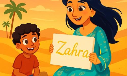 Zahra, una donna di circa trent'anni, è seduta su una duna di sabbia dorata, il viso radioso di curiosità e meraviglia. Indossa un abito di seta turchese decorato con motivi dorati, e i suoi lunghi capelli neri fluttuano dolcemente nel vento. I suoi occhi brillano di determinazione mentre tiene una tela bianca tra le mani. Accanto a lei c'è un giovane artista, un ragazzo di circa 12 anni, con capelli ricci e un sorriso caloroso. È seduto a gambe incrociate, circondato da barattoli di vernice colorata, osservando Zahra con ammirazione. Il paesaggio è una vasta distesa di dune di sabbia, bagnate dalla luce dorata del sole al tramonto, con palme che ondeggiano dolcemente in lontananza. Il cielo è un mix di tonalità rosa e arancioni, creando un'atmosfera magica. La scena principale mostra Zahra che scopre il nome scintillante sulla tela, il cuore colmo di gioia e meraviglia, mentre il giovane artista la incoraggia con uno sguardo pieno di speranza.