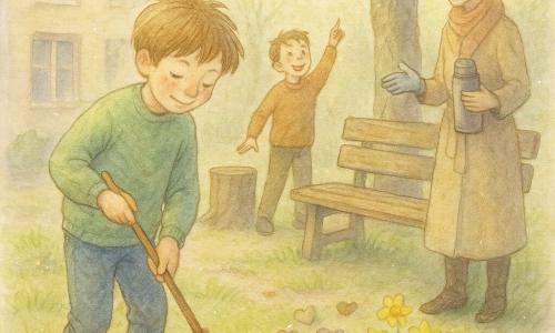 Osiemletni chłopiec, szczęśliwy i skupiony, delikatnie zamiata liście małą drewnianą miotełką; drugi ośmioletni chłopiec (Michał), uśmiechnięty i ciekawy, wskazuje gniazdo na wysokiej gałęzi stojąc przy pniu; opiekunka (ok. 30–40 lat), życzliwa i spokojna, rozdaje rękawice i trzyma termos obok drewnianej ławki; miejsce: szkolne podwórko wiosną, trawa jeszcze wilgotna, skupiska fioletowych krokusów i żółtych narcyzów, stare ławki, duży kasztan z pąkami i złote promienie słońca przebijające przez gałęzie; sytuacja: dzieci sprzątają podwórko, zbierają liście i małe skarby (piórka, kamyki w kształcie serca), łagodna, radosna atmosfera; styl wizualny: akwarela w pastelowych kolorach (delikatne zielenie, blade żółcie, lawendy), widoczna faktura papieru i cienkie białe akcenty długopisem żelowym dla refleksów.