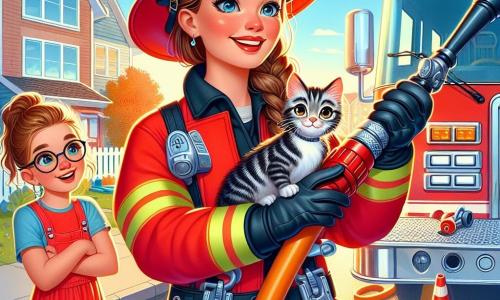 La capitana Lucía, una mujer de unos treinta años, lleva un uniforme de bombero rojo brillante, con un casco reluciente y botas negras. Su rostro está iluminado por una sonrisa cálida y decidida, mientras sostiene una gran manguera de incendio, lista para mostrar a los niños cómo usarla. A su lado, Carla, una niña de 10 años con gafas redondas y una coleta alta, observa con admiración, los ojos muy abiertos, sosteniendo un pequeño gato atigrado en sus brazos. Al fondo, un camión de bomberos rojo brillante está estacionado en el patio del barrio, rodeado de conos naranjas y señales de seguridad. El cielo es azul y soleado, creando una atmósfera alegre y dinámica. La escena muestra a Lucía enseñando a los niños cómo manejar la manguera, con risas y emoción en el aire, ilustrando el espíritu de equipo y el coraje.