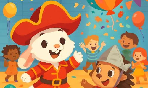 Un conejito alegre llamado Pepo, con un suave y esponjoso pelaje blanco, lleva un disfraz de pirata rojo brillante con un gran sombrero y una sonrisa radiante en su rostro. Baila con entusiasmo en medio de un carnaval. A su lado, un tímido erizo llamado Tito, con pelaje marrón y ojos brillantes, lleva un disfraz de caballero con una pequeña capa y un casco de papel, mostrando una expresión de alegría y sorpresa. El decorado es un gimnasio transformado en un mundo de ensueño, lleno de banderines coloridos, luces centelleantes y globos flotantes, creando una atmósfera festiva y mágica. En el centro de la escena, niños y animales ríen y bailan, mientras un gran globo multicolor se eleva en el cielo, liberando confeti y caramelos que caen como una dulce lluvia de colores.