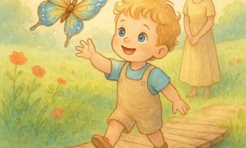 Un bimbo di 2 anni, biondo con riccioli e occhi azzurri, sorride mentre tende la mano verso una grande farfalla iridescente blu e oro sopra un ponte di assi consumate; polvere di brillantini segue il volo. La madre, in abito leggero, lo osserva con sguardo tenero dall'altra sponda a pochi metri, pronta ad accoglierlo. Intorno una prateria di trifoglio, fiori rossi ed erbe alte, un ruscello scintillante sotto il ponte e un cielo pastello mosso da una brezza; atmosfera di dolce avventura, colori caldi, gocce luccicanti e ombre leggere sotto le tavole.