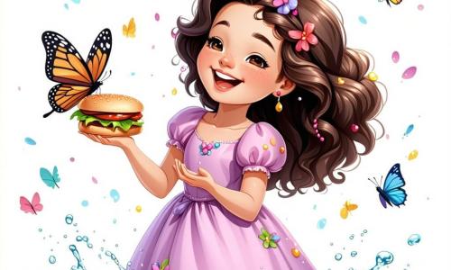 Die Prinzessin Lila, ein etwa 10-jähriges Mädchen mit langen lockigen Haaren und einem rosa Kleid, das mit bunten Blumen geschmückt ist, lächelt fröhlich, während sie ein Sandwich hält, das ins Wasser fällt. Ihr Gesicht zeigt eine Mischung aus Überraschung und Lachen, ihre Augen funkeln vor Schalk. Neben ihr fliegt Pipo, ein bunter Schmetterling mit leuchtenden Flügeln, um sie herum, während Hopsi, ein kleiner weißer Hase mit großen Ohren, auf dem Gras sitzt und laut lacht, seine Vorderpfoten in die Luft gehoben, als würde er einen Witz erzählen. Die Szene spielt an einem wunderschönen See, umgeben von leuchtenden Blumen und großen Bäumen mit üppigem grünem Laub. Der Himmel ist strahlend blau mit ein paar flauschigen weißen Wolken, und die Sonne scheint, wodurch funkelnde Reflexionen auf dem Wasser entstehen. Die Hauptsituation zeigt Lila, Pipo und Hopsi, die gemeinsam lachen, nachdem Lila ihr Sandwich in den See fallen ließ, und verkörpert den fröhlichen und amüsanten Geist ihres Abenteuers im verwunschenen Königreich.