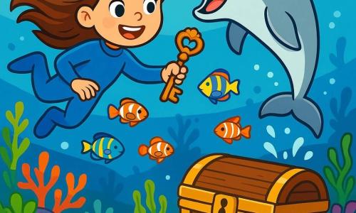 An 8-year-old girl named Lily, with long brown hair floating in the water, wears a blue wetsuit and has a big amazed smile on her face. She swims joyfully, holding an old key adorned with seashells in her hand. Next to her, a large friendly dolphin with sparkling eyes and smooth silver skin accompanies her, gracefully jumping out of the water as if encouraging her on her adventure. The background of the image shows a beautiful garden of colorful corals, with multicolored fish swimming around, and a large wooden treasure chest partially buried in the sand, shimmering under the sunlight. The main scene depicts Lily discovering the treasure chest, with a look of wonder on her face as she prepares to use the key to open it, surrounded by the vibrant beauty of the ocean.