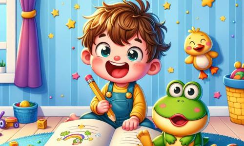 A 2-year-old boy named Max, with messy brown hair and sparkling mischievous eyes, is sitting on a fluffy blue rug. He is joyfully smiling while holding a large open book in front of him, with a red crayon in his hand. Next to him, a small green frog with round, shiny eyes jumps on the book playfully. A soft, fluffy yellow duck stands beside Max, curiously looking at the book with its little webbed feet on the rug. 

The scene takes place in a cozy children's room with light blue walls, golden stars stuck on them, and colorful toys scattered around. In the center, Max, the frog, and the duck are surrounded by fluffy cushions and smiling stuffed animals. 

The main situation shows Max laughing heartily as the frog and the duck playfully jump and dance around him, turning his task into a joyful adventure full of laughter.
