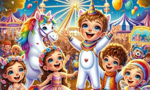 Max, a five-year-old boy with sparkling blue eyes and a big smile, is wearing a colorful unicorn costume with shiny wings and a golden horn. He is in the center of the image, joyfully raising his arms. To his right, Leo, a curly-haired boy, is dressed as a knight with a cardboard shield and a proud smile. On the left, Mia, a girl with long, shiny hair, is wearing a sparkling fairy dress, arms raised as if flying. Finally, Sam, a boy with a red clown nose and colorful clothes, is making a funny face behind Max. The backdrop is a vibrant park filled with brightly patterned carnival tents, floating balloons, and string lights. In the background, a sparkling Ferris wheel slowly turns, adding a magical touch to the festive atmosphere. The four friends are dancing joyfully together, surrounded by laughter and music, celebrating their carnival adventure with confetti flying in the air and stars beginning to twinkle in the evening sky.