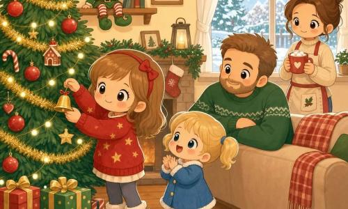 Mia, 6 Jahre, rundes Gesicht und gerötete Wangen, strahlende Augen, lächelnd, roter Pullover mit Sternen und Wollstiefeln, hängt vorsichtig die letzte goldene Glöckchen ans geschmückte Weihnachtsbaum; kleine Schwester ~3 Jahre, blonde Zöpfe, blauer Mantel, klatscht fröhlich und schaut zu Mia; Vater ~35, leichter Bart, grüner Pullover, hockt hinter dem Sofa und sieht liebevoll zu; Mutter ~33, gebundene braune Haare, Schürze, hält eine Tasse heiße Schokolade am schneebedeckten Fenster; frecher Elf mit spitzem rotem Hut und grünen Schuhanstiegen lacht auf einem Regal über dem Baum; gemütliches Wohnzimmer mit goldenen Girlanden, roten Kugeln, bunten Geschenken am Fuß des Baums, verschneitem Garten draußen; warme Rot-, Grün- und Goldtöne mit Pastellakzenten, weiches Licht, kawaii-minimales Styling.