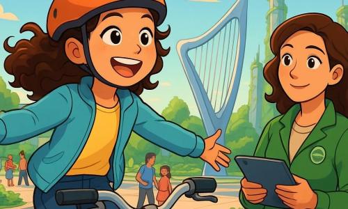 A 10-year-old girl, Mira, with curly brown hair, is wearing a light jacket and a bike helmet. She has a big excited smile and sparkling curious eyes. She is gliding on her air-bike with her arms open, as the wind dances through her hair. Next to her, Lian, a woman in her thirties wearing a green jacket and a city badge, watches Mira with an admiring look, holding a tablet in her hands, ready to assist her. The setting is Piazza del Vento, a large futuristic square with silver metal harps singing in the wind, surrounded by lush gardens and tall towers covered in green vines. The sky is a bright blue, dotted with soft, fluffy clouds. The main scene shows Mira and Lian preparing for the Evening Stroll, with families starting to arrive, enchanted by the music of the harps and the soft lights illuminating around them.