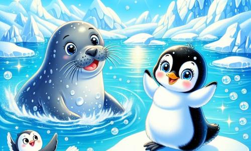 Un piccolo pinguino, con un piumaggio nero e bianco brillante, occhi rotondi e curiosi, si trova felice su un pezzo di ghiaccio, con un grande sorriso sul volto. Sta saltando entusiasta, con le piccole ali spiegate, pronto a tuffarsi in acqua. Vicino a lui, una foca grigia, con un pelo lucente e occhi maliziosi, nuota gioiosamente nell'acqua cristallina, spruzzando gocce intorno. Sembra molto felice, con un grande sorriso. Un gabbiano bianco e grigio, posato su una roccia, osserva la scena con un'espressione amichevole, le ali leggermente spiegate, pronto a volare. Il paesaggio è incantevole, con iceberg scintillanti sotto un cielo blu, il sole che brilla creando riflessi sull'acqua, mentre fiocchi di neve cadono dolcemente, aggiungendo un tocco magico. La scena principale mostra il piccolo pinguino pronto a tuffarsi in acqua per giocare con i suoi nuovi amici, celebrando così la loro amicizia e la bellezza della diversità in un mondo colorato e gioioso.