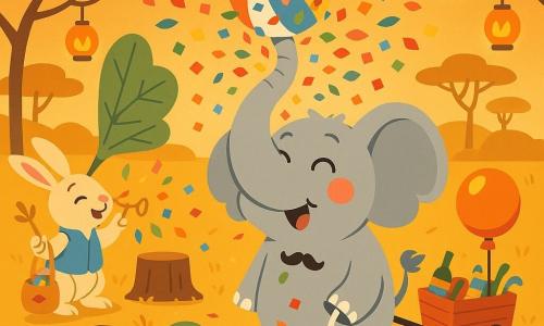 A large light-gray elephant, joyful and slightly embarrassed, with big shiny round eyes, pink cheeks, a raised trunk and a small moustache stuck to his ear, wearing a striped beach ball on his forehead and holding a small wagon of props; behind him to the left a lively little beige rabbit decorator named Lila in a blue vest holds a golden pin and a bag of colorful leafetti while blowing into a large leaf-fan; in the right foreground a sleepy turtle with a smooth brown shell wears the ball on its back like a hat, looking half-amused, half-serene; background shows a savanna clearing at dusk with golden grass, a few short stylized trees, warm orange-glowing lantern-bugs and a small wooden podium at center; main scene: a joyful burst of colorful leafetti squares spiraling around the elephant as he sneezes, plant confetti drifting onto the crowd, festive atmosphere, bright contrasting colors, clear readable composition with simple silhouettes and crisp outlines.