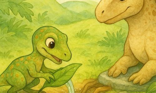 Un mic velociraptor pe nume Ripi, vioi și șmecher, cu ochi mari și piele verde-ocre, coadă cu pene, este aplecat sculptând un mic canal cu o mare frunză verde, arătând o expresie concentrată și veselă; în dreapta, un iguanodon mare și robust numit Brum, cu piele bej pătată, privește calm și binevoitor, având o labă sprijinită pe o piatră plată pentru a stabiliza marginea canalului; în jur, o vale cu coline rotunde acoperite de iarbă smarald, ferigi uriașe și pietre lucioase în semicerc; în centru izvorul timid iese între două rădăcini, apa limpede formând un mini-bazin strălucitor; săgeți din frunze și urme mici de lăbuțe arată drumul de la albia râului uscat până la izvor; atmosfera e blândă și luminoasă, culori pastelate, texturi umede de acuarelă.