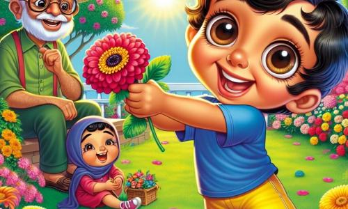 Un niño de 6 años, Sami, con grandes ojos brillantes y una amplia sonrisa, está de pie en un jardín florido, sosteniendo una flor colorida en sus pequeñas manos. Lleva una camiseta azul y un pantalón corto amarillo, y su rostro expresa alegría y emoción. A su lado está Noor, su hermana de 3 años, con cabello rizado y ojos chispeantes, que ríe jugando con un pequeño juguete. Ella está sentada en la hierba verde, rodeada de flores coloridas. El jardín está soleado, lleno de flores de colores vivos, con un cielo azul claro de fondo. Los pájaros cantan en los árboles, y una ligera brisa hace danzar las hojas. La escena principal muestra a Sami ofreciendo la flor a su vecino, don Pablo, un hombre mayor con gafas y un sombrero de paja, que sonríe cálidamente. Sami está extendiendo la flor con entusiasmo, mientras don Pablo, sentado en un banco de madera, levanta los brazos en señal de gratitud.