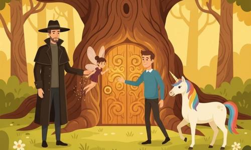 A man named William, about 35, soft features and short brown hair, reaches his right hand toward a golden glow emerging from an ornate wooden door; a mysterious taller man around 45 in a long coat and wide‑brimmed hat stands slightly behind to William's left with a hand on the door handle; a small feminine fairy with pink translucent wings hovers near the glow leaving sparkles and a mischievous smile; a cream‑white unicorn with a rainbow mane stands to the right in the grass with ears pricked and a peaceful expression; the setting is a sunlit clearing with green grass, saturated wildflowers, stylized layered leaves on twisted trunks, and the carved wooden door set between the roots of an ancient oak; the central moment is magical as the warm golden light envelops William's hand, conveying calm and hope with vivid colors and strong contrasts.