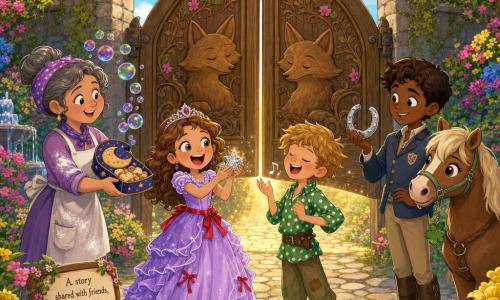 Princess Lila, a smiling round-faced girl with mischievous hazel eyes, in a lilac ruffled dress with red ribbons, laughs while holding a small silver sparkling wish; Pip, about 10, with messy honey hair and a green polka-dot shirt, stands beside her singing with squeaky shoes and a bouncy posture; Mrs. Tansy, a 40-year-old baker with gray hair in a bun and a flour-dusted apron, offers a moon-shaped cookie from slightly behind on the left; Tim, about 12, brown-haired in a stable jacket, holds a silver horseshoe near a small horse named Clover at the right; Crispin, a glossy black crow with a little button on his leg, perches on a half-open carved oak gate. The scene is a castle courtyard with colorful round cobbles, bright flower beds (pink, yellow, blue), a fountain blowing small colorful bubbles, and a half-open oak gate carved with fox motifs. Main action: the princess and friends awaken the sleepy gate by telling a story and giving it a cookie, and it lifts just enough to let a golden beam through; mood joyful and bright, saturated colors, soft textures, rounded lines. Visual style: 2D cartoon, clean lines, vivid pastel palette, soft shading, very readable expressions, composition centered on the princess and the gate.