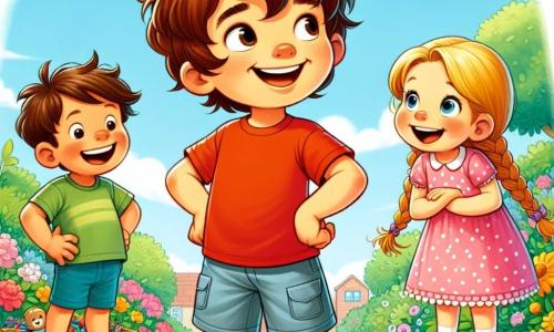 A 4-year-old boy named Max, with messy brown hair and a big smile, stands in the center of the image. He wears a red t-shirt and blue shorts, hands on his hips, displaying an expression of hesitation and lightness. To his right, Lily, a 4-year-old girl with braided blonde hair, looks at Max with an encouraging smile, wearing a pink dress with white polka dots. To his left, Ben, a 5-year-old boy with brown hair and glasses, is laughing, dressed in a green t-shirt and yellow shorts. The scene takes place in a sunny garden filled with colorful flowers and green trees, with a clear blue sky in the background. On the ground, scattered toys, including a small toy car, symbolize Max's secret. In this main situation, Max hesitates to admit he broke his car, while his friends encourage him to tell the truth, creating an atmosphere of camaraderie and honesty.
