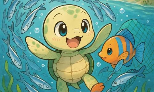 Een kleine zeeschildpad (hoofdpersonage) met rond gezicht en grote glanzende ogen, blije verwonderde uitdrukking, beige-groene schelp met zachte patronen, zwemt draaiend met zijn flippers alsof hij danst midden in een school zilveren sardines; die sardines (bijpersonages) met metalen glans en blauwe reflecties vormen een lichtende draaikolk rondom de schildpad en lijken te glimlachen terwijl ze dansen; een klein visje bevrijd uit een net (bijpersonage) met oranje-blauw gekleurd lichaam en dankbare blik zwemt vlak naast de schildpad en raakt hem licht met zijn vin; op de achtergrond een rustige moeder-schildpad op een ondiepe zandbank, zachte attente silhouet die de scène van de waterkant bekijkt; locatie: helder zeebodem met turquoise water, zonnestralen in heldere banen, wiegende groene algen, schelpen en gekleurde steentjes in het zand; hoofdgebeurtenis: de kleine schildpad danst vreugdevol in het centrum van een sardinesdraaikolk, omringd door bellen en licht, een warm en verwonderend moment onder de zee
