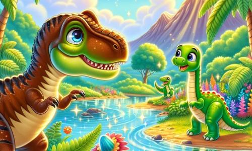 A young Tyrannosaurus Rex, with shiny bronze scales and sparkling curious eyes, stands by a shimmering river. It has a look of wonder, its large head leaning forward as if listening to a magical melody. Next to it, Dippy, a cheerful diplodocus with a long neck and green skin, leans down to look into the water, his face beaming with excitement. The setting is a lush valley filled with giant ferns and colorful flowers blooming under the golden sun. In the background, majestic mountains rise, their peaks covered with fluffy clouds. The main scene shows the Tyrannosaurus and Dippy, intrigued by a mysterious melody floating in the air, ready to embark on an adventure to discover the source of the enchanting song.