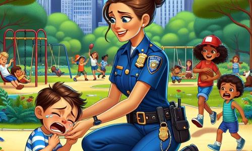La escena representa a la policía Carla, una mujer de unos treinta años, con cabello castaño recogido en un moño y una sonrisa cálida. Lleva un uniforme azul brillante, con un cinturón de herramientas y una insignia brillante. Carla está agachada, atendiendo a un niño pequeño que llora, con una expresión de compasión y determinación en su rostro. A su lado está Miguel, un niño de 8 años, con una gorra roja y una camiseta a rayas, que observa la escena con admiración, con los ojos muy abiertos, sosteniendo un balón de fútbol bajo el brazo. Más lejos, Sofía, una niña de 7 años con cabello rizado y una sonrisa radiante, aplaude mirando a Carla, llena de entusiasmo. La escena tiene lugar en un parque central soleado, con árboles verdes, niños jugando en columpios y un perro haciendo trucos en la hierba. Flores coloridas bordean el camino, y un cielo azul claro añade un toque de alegría a la atmósfera. La situación principal muestra a Carla ayudando al niño que se ha caído de su bicicleta, mientras explica la importancia de la seguridad y la ayuda mutua a los niños que la rodean.