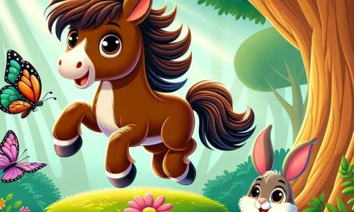 Um cavalo chamado Pingo, com pelagem marrom brilhante e uma crina ondulante, está no centro da cena, exibindo uma expressão de curiosidade e determinação. Ele salta alegremente sobre uma pequena flor colorida. Ao seu lado, uma delicada borboleta de asas multicoloridas voa ao seu redor, com um sorriso amigável, pronta para ajudá-lo em sua aventura. Um coelho de grandes orelhas e pelagem branca, sentado na grama verde, observa Pingo com admiração, seus olhos brilhando de esperança. A cena acontece em uma floresta encantada, onde majestosos árvores com troncos grossos se erguem em direção ao céu, e raios de sol filtram através da folhagem, iluminando o solo coberto de flores silvestres. Pingo e seus amigos descobrem um coelho perdido e juntos se preparam para partir em busca do caminho de volta para casa, cheios de entusiasmo e amizade.