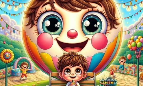 Timmy, a young boy with messy brown hair and sparkling curious eyes, is sitting on a bench in a park lit by twinkling fairy lights. He has a big smile, his cheeks rosy with excitement, holding a huge colorful cupcake in his hands. Next to him, Bouncy, a giant smiley balloon with bright colors and joyful eyes, floats happily in the air, its facial expressions showing immense joy. The park is filled with colorful flowers and festive decorations, with Timmy's friends dancing and laughing around them, creating a joyful and lively party atmosphere. The main scene shows Timmy and Bouncy celebrating a surprise party, surrounded by friends, all laughing and having fun under a starry sky, illustrating a moment of pure happiness and friendship.
