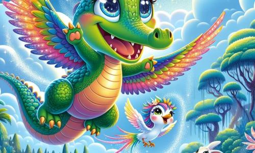 Un crocodil pe nume Cici, cu o piele verde strălucitoare și ochi plini de curiozitate, zboară pe cerul albastru, cu aripile sale magice desfăcute cu entuziasm. Zâmbește larg, plin de bucurie și uimire, în timp ce survolează un peisaj fermecător. Lângă el, o mică porumbiță colorată pe nume Lili, cu pene în nuanțe vii de roz și galben, zboară vesel, bătând din aripi repede, încurajându-l pe Cici cu o privire prietenoasă. Jos, un iepuraș pe nume Răzvan, cu blană albă și urechi lungi, stă pe o colină verde, observându-și cei doi prieteni cu admirație, cu un zâmbet larg pe față. Decorul este o insulă magică, presărată cu flori strălucitoare, copaci mari cu frunze luxuriante și un cer însorit, creând o atmosferă de vis și aventură. Scena îl arată pe Cici în zbor, descoperind frumusețea lumii din jur, în timp ce Lili și Răzvan sărbătoresc aventura sa incredibilă.