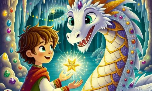 Un majestuoso dragón de escamas plateadas, con grandes ojos brillantes y una expresión dulce y amigable, se encuentra en el centro de la caverna. Sus alas desplegadas brillan como estrellas, y sonríe calurosamente al joven Leo, de unos ocho años, con cabello castaño desordenado y ojos llenos de curiosidad. Leo, vestido con una túnica colorida, está frente al dragón con los brazos abiertos, listo para recibir un antiguo artefacto mágico en forma de estrella. La caverna está llena de piedras preciosas brillantes, iluminadas por una luz suave que crea reflejos coloridos en las paredes. Estalactitas cuelgan del techo, y un pequeño arroyo de agua clara serpentea por el suelo, añadiendo un toque de magia al entorno. La escena principal muestra a Leo, maravillado y feliz, recibiendo el artefacto mágico del dragón, simbolizando la amistad y la bondad en un momento de compartir y descubrir.