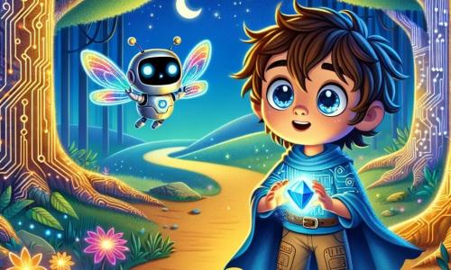 Un niño de 8 años, Darío, con el cabello castaño desordenado y ojos brillantes de curiosidad, se encuentra en el centro de la imagen. Lleva una túnica azul decorada con patrones de circuitos y pantalones de tela. Su rostro expresa asombro y emoción, mientras sostiene un cristal azul brillante en sus manos, iluminando su cara con un resplandor mágico. A su lado, Nubo, un pequeño robot con alas de mariposa, flota en el aire. Tiene un cuerpo plateado brillante y ojos redondos y amistosos, y parece animar a Darío con una sonrisa. Nubo está ligeramente adelante, señalando el camino que se abre ante ellos. El escenario es un bosque fantástico, donde los árboles son de metal brillante y sus hojas parecen circuitos impresos. Flores luminosas de colores vivos crecen entre las raíces doradas, y un cielo estrellado con tres lunas brilla sobre ellos. La situación principal muestra a Darío, asombrado, listo para elegir uno de los tres caminos que se le presentan: uno que lleva a una montaña luminosa, otro hacia un lago de bruma violeta y el último hacia una ciudad flotante. La atmósfera está llena de magia y aventura, invitando a explorar lo desconocido.