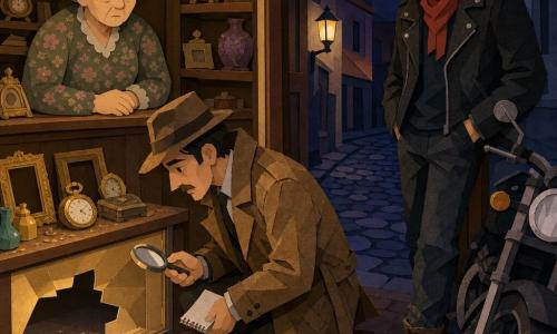 Hombre detective de unos 40 años, expresión concentrada y serena, rostro anguloso y bigote fino, gabardina marrón arrugada y fedora, arrodillado ante un escaparate vacío sosteniendo una pequeña lupa brillante y un cuaderno; doña Elvira, mujer de unos 65 años con cabello gris recogido en moño y vestido floreado, de semblante triste pero aliviado, detrás del mostrador observando al detective; Bruno, joven de unos 25 años con chaqueta de cuero negra, bufanda roja y botas embarradas, junto a una moto oscura aparcada frente al escaparate mirando con timidez y manos en los bolsillos; tienda de antigüedades estrecha y acogedora con estanterías de madera llenas de relojes, marcos y objetos, escaparate con un agujero limpio, polvo dorado y algunas trazas de purpurina en el suelo, callejón empedrado visible por la puerta trasera; el detective examina indicios (pequeñas huellas en zigzag, un hilo rojo y purpurina) junto al escaparate, ambiente crepuscular con iluminación cálida contrastando con la sombra fresca del callejón.