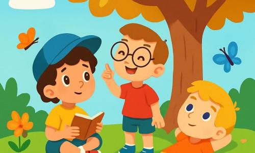 Hay 3 personajes: - Lio: un niño de 7 años, con cabello rizado y una gran gorra azul. Está sentado bajo el árbol, con los ojos brillantes de curiosidad, sosteniendo un pequeño cuaderno en sus manos. - Nico: un niño de 6 años, con gafas redondas y una camiseta roja. Está de pie junto a Lio, señalando al cielo con una gran sonrisa, como si tuviera una idea brillante. - Simón: un niño de 5 años, con cabello rubio y un pantalón corto amarillo. Está tumbado en la hierba, con los brazos detrás de la cabeza, mirando pasar las nubes con un aire soñador. El lugar es un hermoso jardín lleno de flores coloridas, con un gran árbol de hojas doradas que brillan al sol. La hierba es verde y suave, y mariposas bailan a su alrededor, añadiendo toques de color a la escena. La situación principal muestra a los tres amigos discutiendo alegremente sobre lo que hace feliz a un corazón, rodeados de la belleza de la naturaleza, mientras el viento susurra secretos entre las ramas del árbol.