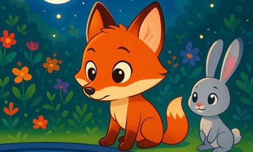 A young fox named Felix, with shiny copper fur and sparkling curious eyes, stands at the edge of a shimmering pool under the moonlight. He looks determined and amazed, ready to encounter a magical spirit. Next to him, a small silver rabbit named Luna, with long ears and bright eyes, watches with a mix of excitement and anticipation, standing slightly back. In the background, an old secret garden filled with colorful flowers and lush foliage stretches around them, with twinkling lights dancing in the night air. The main scene shows Felix leaning toward the water, ready to uncover the mystery that awaits, while the magic of the night envelops everything in a fairy-tale atmosphere.