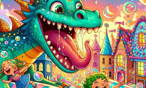 Ein Drache namens Flämmchen mit türkisfarbenen und goldenen Schuppen, die in der Sonne funkeln, lacht fröhlich und pustet Karamellblasen. Seine großen, schelmischen Augen strahlen vor Freude. Neben ihm steht ein 8-jähriges Mädchen mit geflochtenen grünen Haaren in einem bunten Kleid, das die Arme in die Luft hebt und laut lacht, während ein 7-jähriger Junge mit Sommersprossen und einem gestreiften T-Shirt versucht, auf einer riesigen Blase zu springen, mit weit aufgerissenen Augen vor Aufregung. Die Kulisse ist eine märchenhafte Stadt mit Häusern aus Süßigkeiten und bunten Blättern an den Bäumen, unter einem Himmel in lebhaften Rosa- und Orangetönen beim Sonnenuntergang. Die Szene zeigt Flämmchen und die Kinder, die zusammen spielen, umgeben von funkelnden Blasen, die in der Luft schweben und eine magische, fröhliche Atmosphäre schaffen.