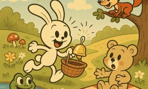 Un mic iepuraș alb (Pufi), față rotundă, ochi rotunzi, urechi lungi și moi, zâmbet vesel, ține un coș de picnic din nuiele din care iese o clopoțică strălucitoare care face „cling”, într-o poziție săltăreață; o broască verde rotundă (Broasca Țop-Țop), cu ochi ștrengari, stă pe o piatră lângă un iaz, aplaudă și râde; un ursuleț bej pufos (Ursulețul Morm), obraji roz, stă pe o pătură în carouri roșii și albe, surprins și amuzat, privind clopoțica; o veveriță roșcată mică (Veverița Iuța), coadă stufoasă, pe o creangă joasă, curioasă și zâmbitoare, înclinată spre coș. Scena are loc într-un luminiș însorit lângă un iaz albastru, iarbă cu flori galbene și margarete, un potec de pământ și câteva ciuperci; prietenii descoperă împreună clopoțica din coș, ea strălucește și răsună, toți râd, atmosferă jucăușă și caldă, compoziție simplă, culori vii și contururi groase și rotunjite.