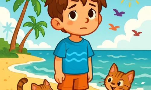 Un ragazzo di 10 anni, Tommaso, con capelli castani disordinati e occhi pieni di curiosità, si trova su una spiaggia di sabbia dorata, con un leggero sorriso sul volto ma una luce di tristezza negli occhi. Indossa una maglietta blu con motivi di onde e un pantaloncino di cotone leggero. Accanto a lui, il suo gattino Biscotto, un piccolo gatto tigrato dagli occhi verdi, gioca con un guscio di noce, saltellando allegramente intorno. Sullo sfondo, il mare scintilla sotto il sole, con onde dolci che si infrangono sulla riva. Palme slanciate ondeggiano dolcemente nel vento e uccelli colorati volano nel cielo azzurro. Tommaso guarda l'orizzonte, sperando di trovare un'avventura per il suo compleanno, mentre Biscotto si diverte a inseguire ombre sulla sabbia.