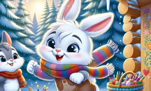 Un giovane coniglio bianco, Lino, con grandi occhi brillanti e lunghe orecchie, sta danzando gioiosamente nella neve, un sorriso radioso sul volto. Indossa una piccola sciarpa di lana colorata che svolazza dietro di lui. Vicino a lui, la mamma, una dolce coniglietta dai peli setosi e dagli occhi affettuosi, lo osserva sorridendo, tenendo un cesto pieno di materiali colorati per il loro progetto artistico. Il papà, un robusto coniglio grigio, sta accanto a lei con le braccia incrociate, mostrando un'espressione fiera e incoraggiante mentre guarda il figlio con ammirazione. La scena si svolge in una foresta incantata, dove gli alberi sono coperti da uno spesso strato di neve scintillante e fiocchi scendono dolcemente dal cielo blu chiaro. Piccole impronte di zampe nella neve portano a un grande muro di legno, pronto per essere decorato. Lino, pieno di entusiasmo, si prepara a creare un magnifico murale invernale con la sua famiglia, celebrando la bellezza della stagione e lo spirito di amicizia.