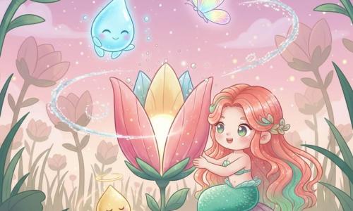 Coralina, una sirena niña sonriente de piel nacarada, cabello coral con reflejos verdes y cola esmeralda escamada, sentada en una concha-casa, pone perlas de rocío en la raíz de una gran flor luminosa; a su alrededor un espíritu de rocío en forma de gota azul translúcida deja caer perlas, un espíritu semilla dorado con ojos cerrados emite ondas de luz contando un cuento, una mariposa de cristal pinta motivos en los pétalos y un espíritu viento plateado hace bailar las hojas; todo en una extensa llanura de flores gigantes de pétalos como tela, hierbas altas, tallos gruesos, cielo rosa-violeta degradado, luciérnagas y una flor central de corazón luminoso, escena cálida y mágica en composición circular, luces suaves, colores pastel saturados y detalles chibi.