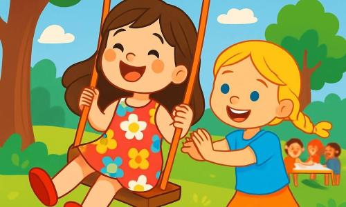 Ein 4-jähriges Mädchen, Lina, mit langen braunen Haaren und strahlenden Augen, spielt auf einer Schaukel. Sie trägt ein buntes Blumenkleid und lächelt begeistert, ihre rosigen Wangen verraten ihr Glück. Neben ihr schiebt ein anderes 4-jähriges Mädchen, Mia, mit geflochtenen blonden Haaren und einem leuchtend blauen T-Shirt, Lina lachend. Die Szene spielt in einem schönen Sommerpark, voller großer grüner Bäume, leuchtender Blumen und einem klaren blauen Himmel mit einigen flauschigen weißen Wolken. Im Hintergrund spielen Kinder zusammen an einem großen Tisch mit Farben und Pinseln, was der Szene einen künstlerischen Touch verleiht. Lina und Mia haben Spaß auf der Schaukel, umgeben von Lachen und Farben, was die Freude und Freundschaft der Sommerferien symbolisiert.