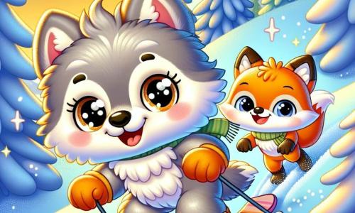 Un pequeño lobo de ojos brillantes y pelaje gris suave, sonriendo con entusiasmo, está bajando una pendiente nevada sobre sus esquís. A su lado, una pequeña zorra de pelaje naranja brillante, con una cola esponjosa y ojos traviesos, lo anima con una gran sonrisa, lista para seguirlo. Se encuentran en una majestuosa montaña, bañada de luz dorada, con abetos nevados alrededor y un cielo azul brillante. La escena muestra al lobo y a la zorra en plena acción, deslizándose alegremente sobre la nieve, rodeados de copos brillantes que caen suavemente.