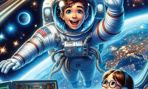 Ein Astronaut namens Max schwebt im Weltraum, trägt einen großen, glänzenden silbernen Raumanzug und hat ein breites Lächeln im Gesicht, seine Augen funkeln vor Aufregung. Er ist von wunderschönen, funkelnden Sternen umgeben und hat einen spektakulären Blick auf die Erde darunter, einen großen blauen und grünen Globus. In der Nähe schaut ein etwa 8-jähriges Mädchen namens Lisa durch einen Kontrollbildschirm im Missionsraum zu Max. Sie hat lange braune Haare und trägt runde Brillen, ihre Augen leuchten vor Staunen, während sie ihn begeistert anfeuert. Der Ort dieser Szene ist die Leere des Weltraums, gefüllt mit leuchtenden Sternbildern und einer Panoramaansicht der Erde, mit fernen Planeten im Hintergrund, die eine magische und inspirierende Atmosphäre schaffen. Die Hauptsituation zeigt Max, der fröhlich schwebt und Lisa mit der Hand zuwinkt, während sie ihm von der Erde aus zuwinkt, was ihre Verbindung und ihren gemeinsamen Traum, das Universum zusammen zu erkunden, illustriert.