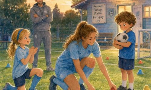 Tânără jucătoare profesionistă de fotbal, zâmbitoare, păr castaniu prins în coadă, echipament bleu și ghete, se apleacă pentru a pune o con roșu pe iarbă; privire caldă și binevoitoare; băiat de circa 9 ani, păr brunet zburlit, privire uimită și timidă, stă în picioare în dreapta ei în șort ținând o minge mică la piept; fată de circa 8 ani, păr blond cu o bentiță albastră, ochi sclipitori, aplaudă ușor stând cu un genunchi pe iarbă ca și cum ar fi marcat un gol; antrenor adult (bărbat) în trening gri cu fluier, în spate lângă vestiarul din lemn pastel, zâmbește cu brațele încrucișate; teren de cartier la amurg, gazon verde presărat cu conuri colorate, linii albe difuze, un mini-poartă de plastic, lumini calde care se aprind; scenă calmă și pedagogică în care jucătoarea potrivește conul roșu ca gest de ordine și grijă, copiii o privesc admirați, transmit respect, împărțire și fair-play, paletă acuarelă, texturi difuze, tușe ușoare și culori luminoase.