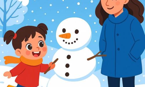A 2-year-old girl, Mia, with big bright eyes and a joyful smile, is wearing a bright red sweater and yellow boots. She is jumping in the snow, her rosy cheeks and soft scarf fluttering around her. Next to her, her mother, a woman in her 30s with brown hair and a blue coat, watches her with a smile, hands in pockets, full of tenderness. The setting is a winter garden covered in a thick layer of sparkling snow, with trees weighed down by white flakes. The sky is a bright blue, and snowflakes are gently falling around them. The main scene shows Mia having fun drawing a large snowman with a stick in the snow, laughing heartily while her mother encourages her with a loving gaze.