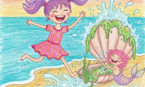 Princess Lila, a joyful, giggling girl with purple pigtails in a short pink dress with gold polka dots, soaked and laughing while shaking her hair as she runs and slides toward an improvised slide; Bubbles the mermaid, a small childlike girl with curly pink hair and a sparkling rainbow tail, swimming beside the shore, clapping and splashing; a large soft open shell covered in green seaweed, pearls, and small colorful pebbles serves as the starting point; golden sandy beach, shimmering turquoise water, pink-orange gradient sky, playful smiling flowers at the edge; the two friends build a slide from seaweed and shells and launch themselves laughing into a big spray of water, dynamic movement and joyful expressions.