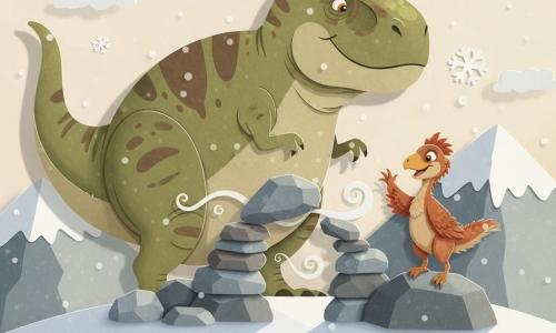Um Tyrannosauro Rex grande e arredondado, pele verde-oliva com manchas marrons, olhos suaves e expressão calma, empurrando pedras com uma pata; ao seu lado, Lume, um pequeno dinossauro emplumado rufous-laranja de penas macias e olhar vivo, sorri e puxa pedras guiando com a pata levantada; cena numa montanha nevada — clareira branca, rochas cinza arredondadas e uma barreira de pedras parcialmente aberta, flocos grandes caindo; atmosfera pacífica e acolhedora com vento em volutas translúcidas, luz suave da manhã e sombras longas, estilo recorte de papel com bordas nítidas e camadas; ação central: Rex e Lume removem a barreira para deixar o vento passar, gesto colaborativo e vínculo protetor.