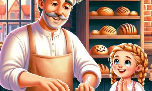 Mr. Thomas, a smiling and warm baker with graying hair and a neat mustache, wears a flour-dusted apron. He is kneading a ball of dough, his strong hands animated with passion. Next to him, an 8-year-old girl with braided blonde hair watches with sparkling curiosity, holding a colorful drawing of a smiling bread. The bakery is welcoming, featuring red brick walls, wooden shelves filled with golden breads and sweet pastries, and soft light filtering through large windows. The main scene shows Mr. Thomas carefully shaping the dough while the girl admires his work, creating a warm and joyful atmosphere in the bakery.
