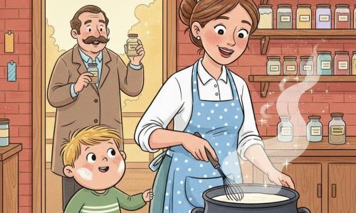A warm smiling female chef with brown hair in a bun, blue polka-dot apron and slightly askew white toque holds a small silver whisk above a steaming vat of milk while a round-faced 6-year-old boy, Timmy, with flour-dusted cheeks and messy blond hair stands on a stool to her left holding her hand and gazing in wonder; Mr. Pepper, a middle-aged jovial man with a thick mustache and vendor’s coat, stands in the open shop doorway holding a spice jar labeled Vanilla Dreams; the cozy colorful kitchen has red brick walls, wooden shelves of spice jars, golden light from a large window, checkerboard tiles and a wooden table with a red-striped cloth; they are making vanilla yogurt together with light steam and visible perfume sparks in a soft, friendly, magical pastel comic style.
